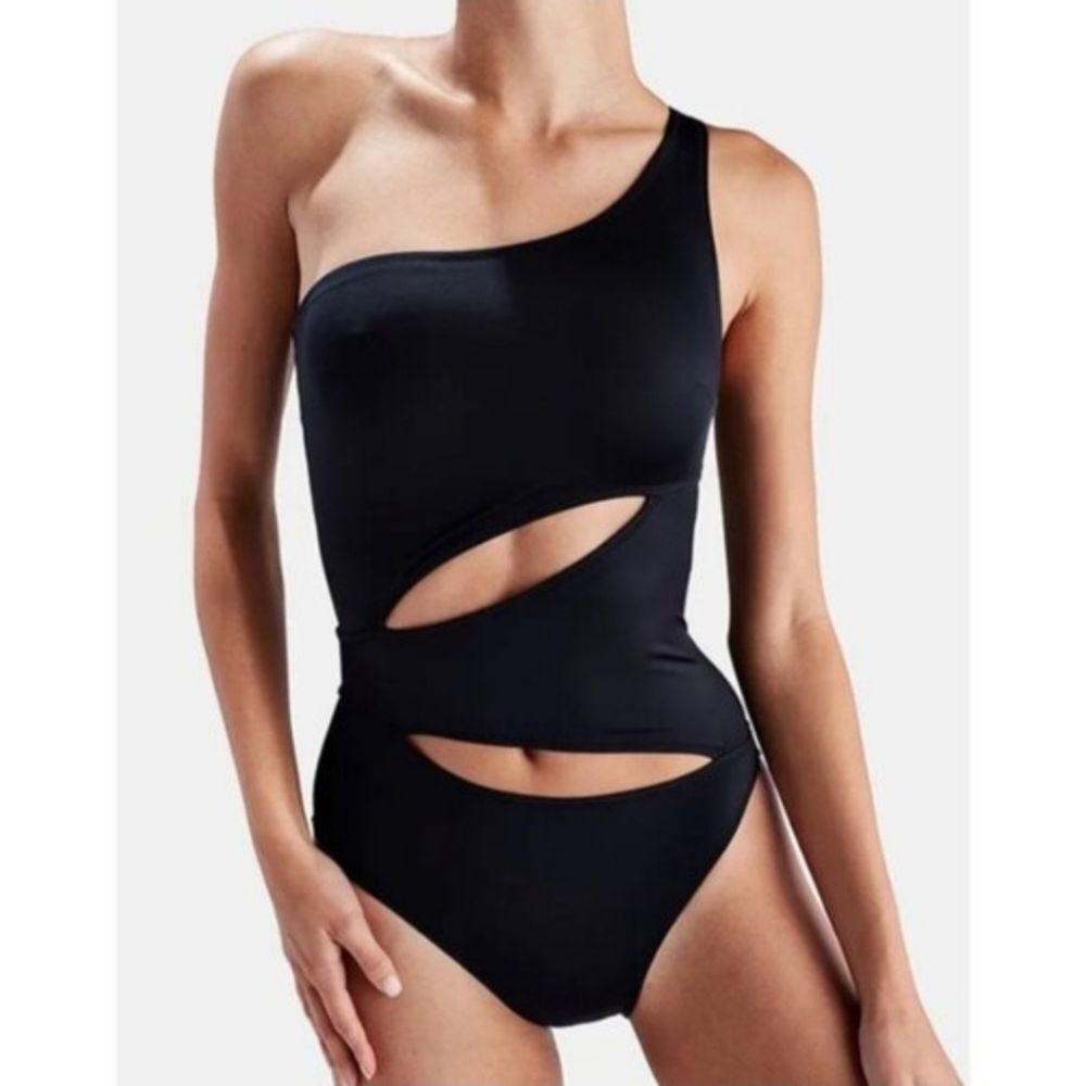 SOLID & STRIPED Louise Black One Shoulder Cutout Swim Suit S Small